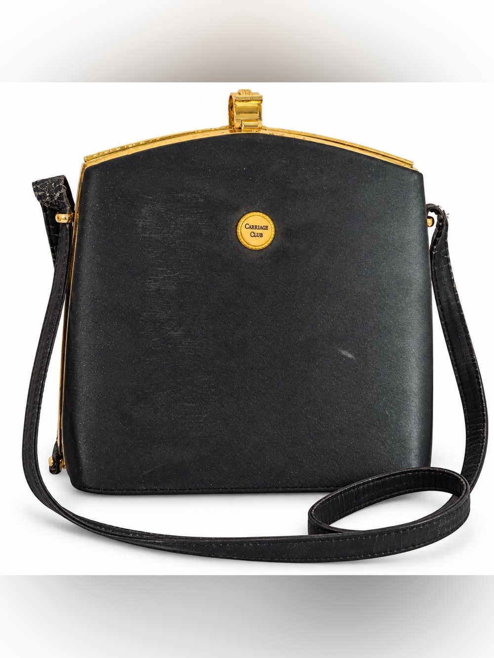Carriage Club Black Structured Shoulder Bag Gold Tone Greek Key Frame Clasp